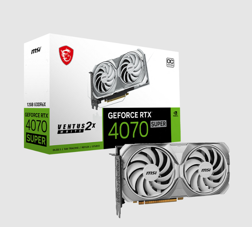  nVIDIA GeForce RTX 4070 SUPER 12G VENTUS 2X WHITE OC<br>Boost Mode: 2505 MHz, 1x HDMI/ 3x DP, Max Resolution: 7680 x 4320, 1x 16-Pin Connector, Recommended: 650W  